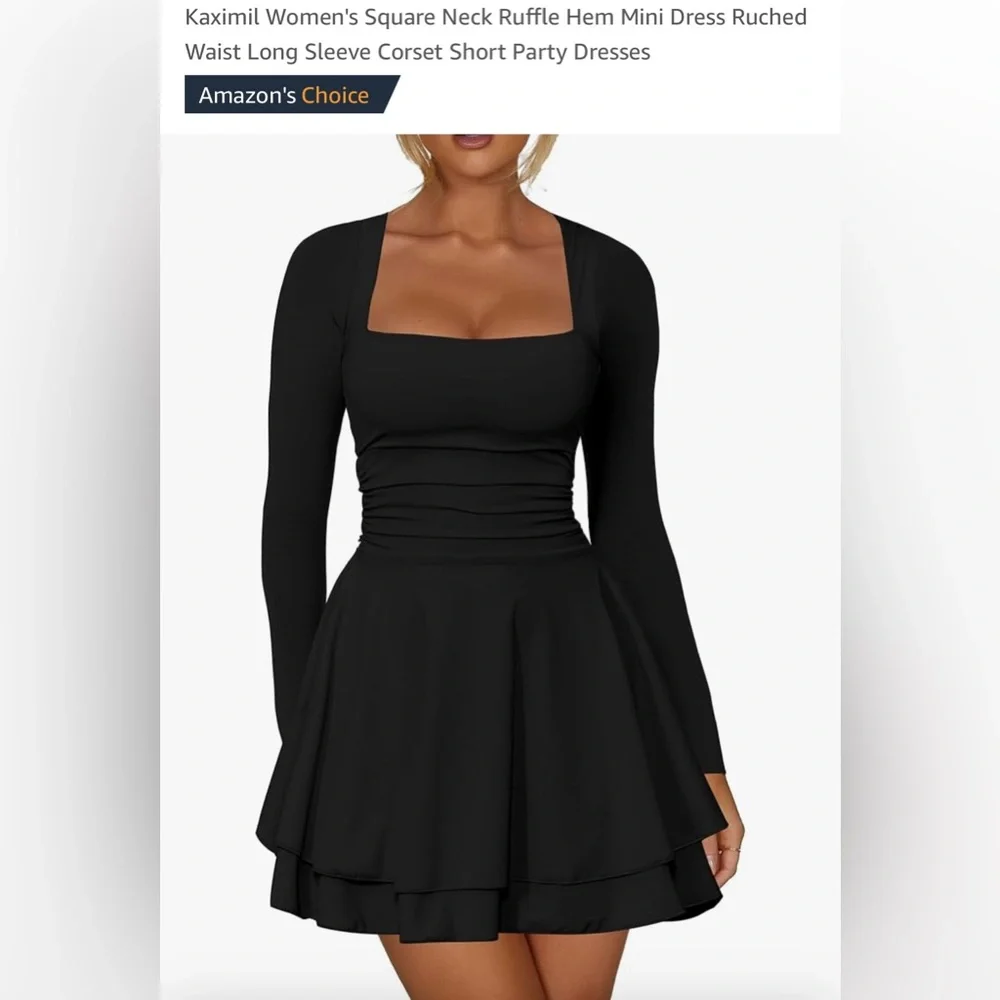 NWT Amazon Kaximil Women's Black Long Sleeve Square Neck Mini Dress-‎ M